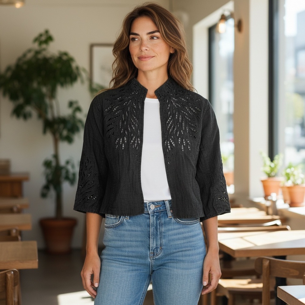 Double Face Black Linen Lace Embroidered Whimsy Goth Cropped Jacket Size 8